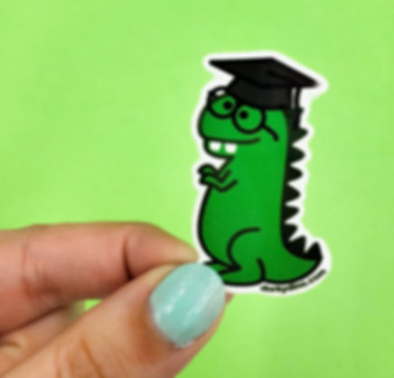 Graduation Cap Dorky Dino Sticker: Green Dinosaur Weatherproof Vinyl Stickers