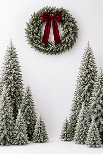 Snowy Christmas trees and red bow wreath holiday set in Madera Ca
