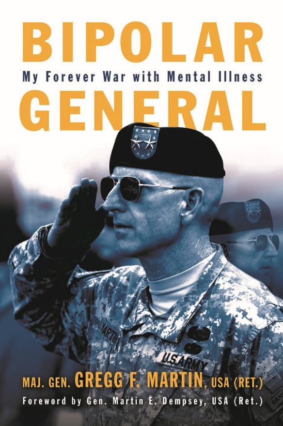Book cover of Bipolar General: My Forever War with Mental Illness, showing a U.S. Army general saluting in uniform and sunglasses.