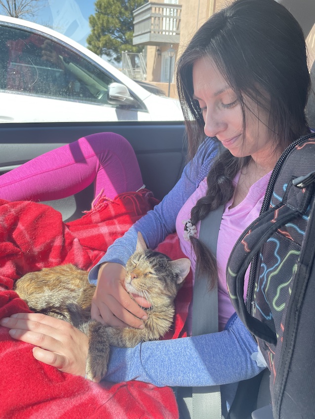 Paige Rechtman in a car gently holds a relaxed cat, Squiggles, on a red blanket, wearing pink leggings and a blue top in bright sunlight.