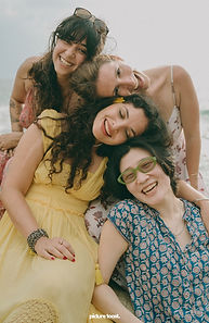 Happy bride circle leaning heads on each other