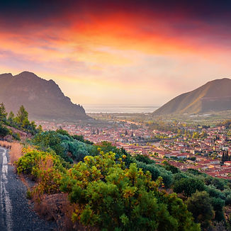 Gorgeous summer sunrise in Leonidio town. Exciting morning scene of Peloponnese peninsula