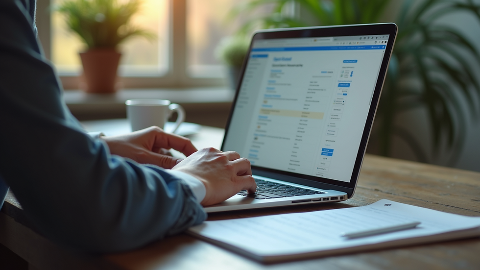 Eye-level view of a person working on a laptop with affiliate marketing materials