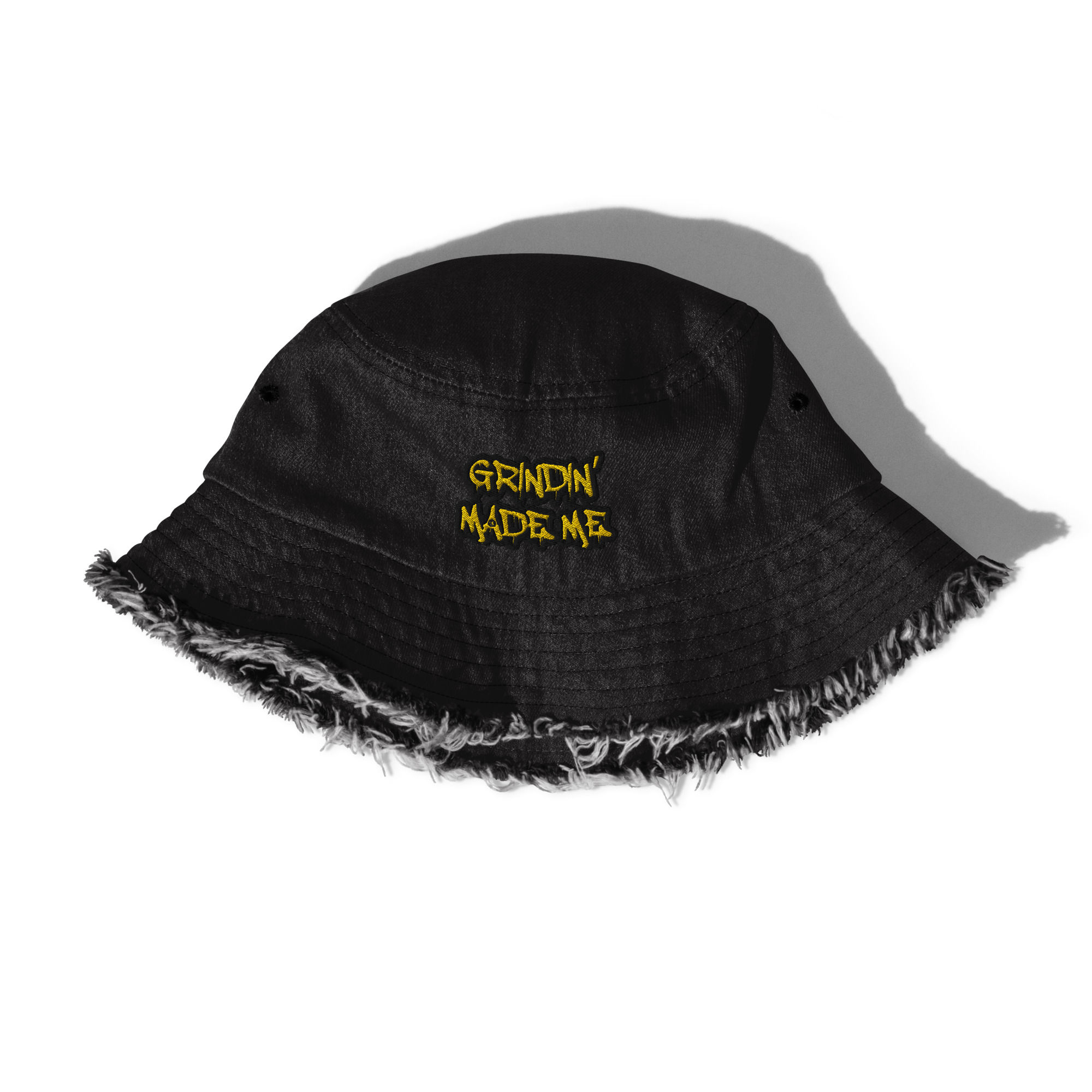 Grindin Made Me Distressed Denim Bucket Hat