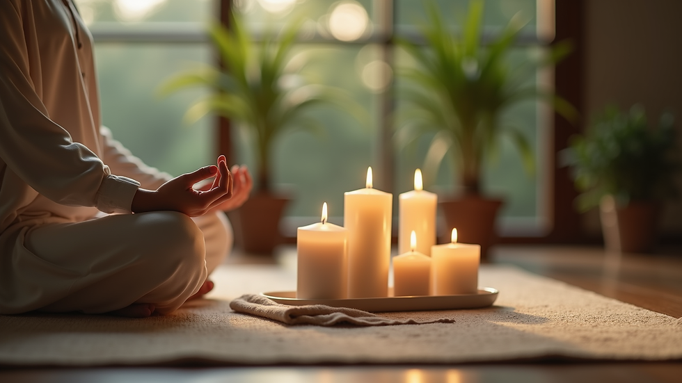 Close-up view of a serene meditation space with candles and plants