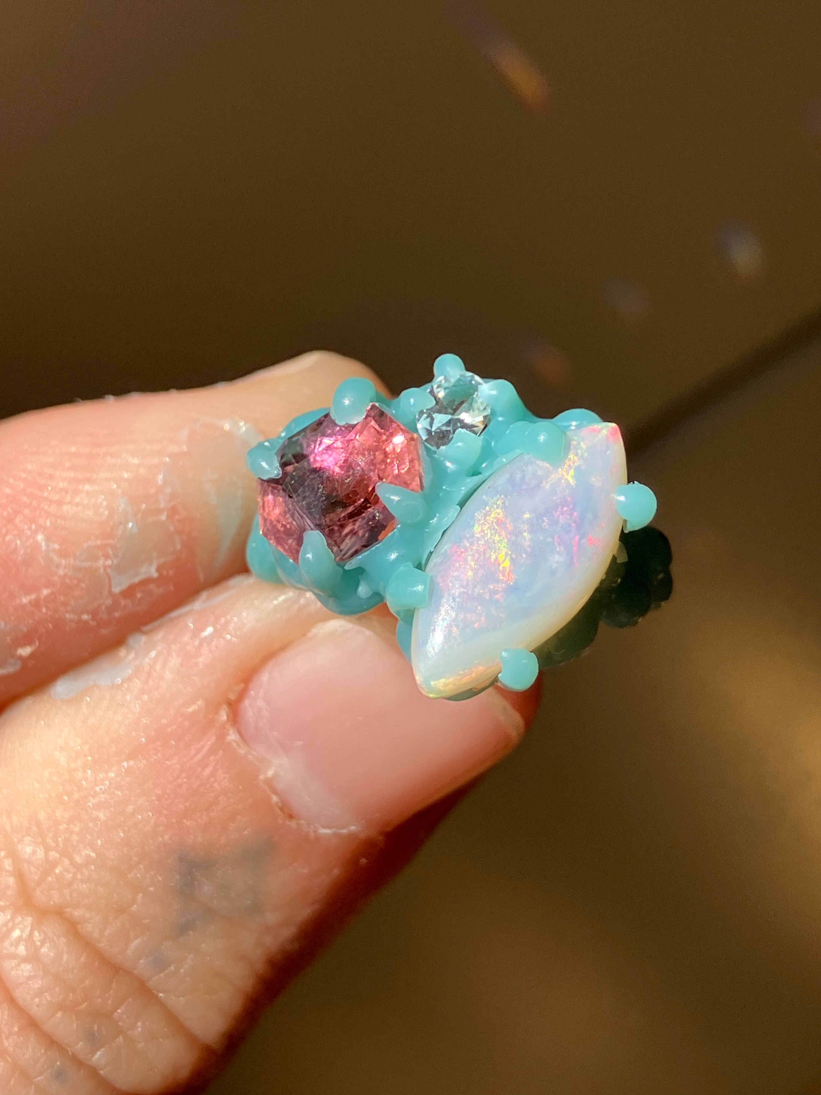 Opal tourmaline cluster ring