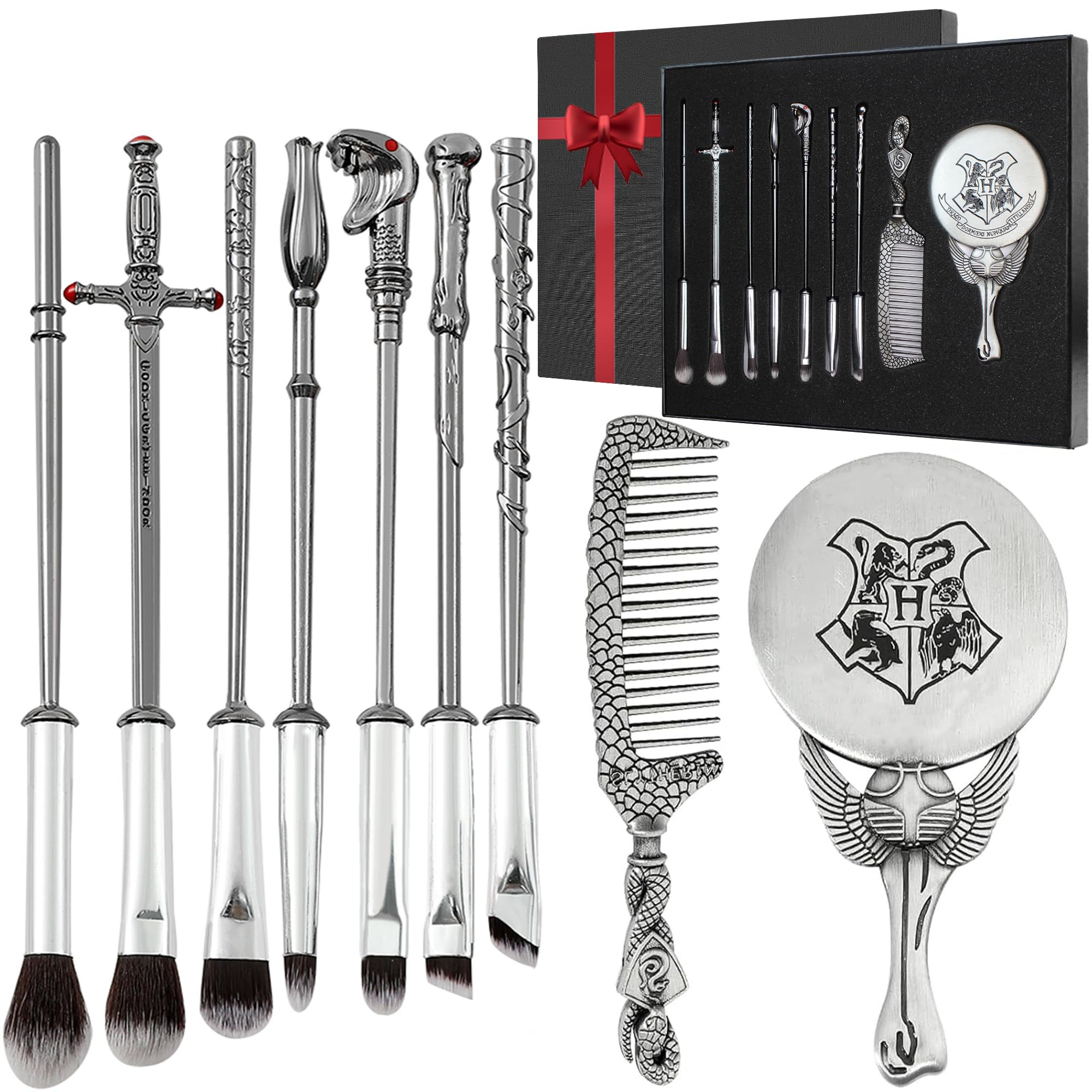 Harry Potter wand makeup brushes with comb, mirror, and gift box.