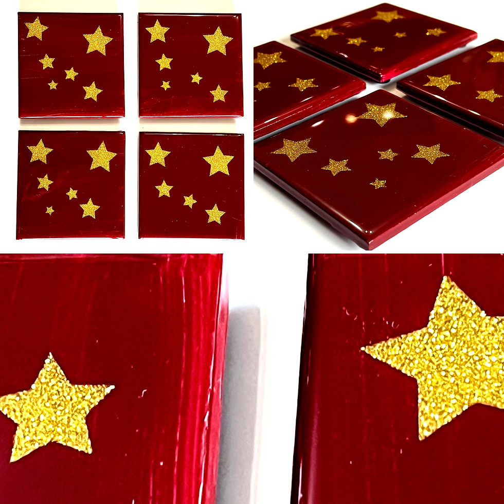 Deep red with gold glitter stars coaster set multi view