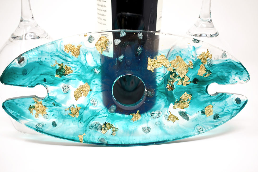 Wine bottle and glass holder teal with blue quartz and gold gilding flakes