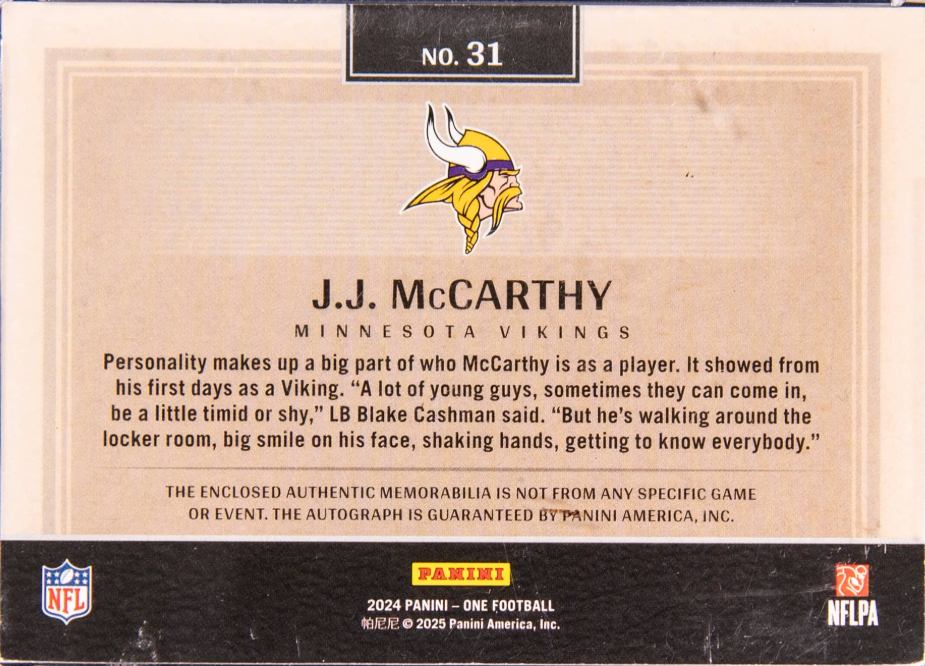 Thumbnail: 2024 Panini One  J.J. McCarthy Signed Patch Rookie Card