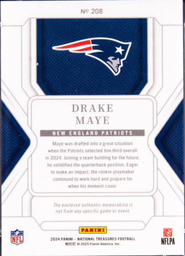 Thumbnail: 2024 Panini National Treasures Patch Holo Gold #208 Drake Maye Patch Rookie Card
