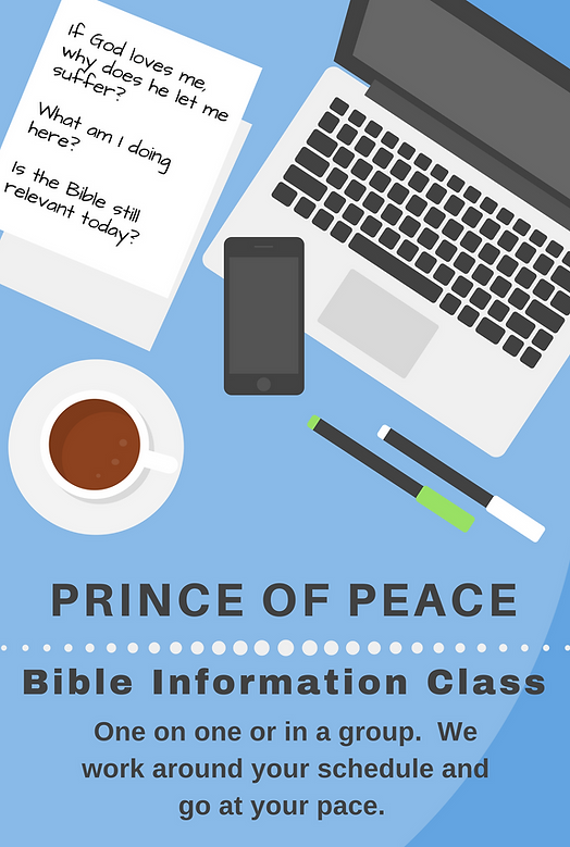Info graphic with phone, coffee mug, and computer that asks questions about Bible Study.