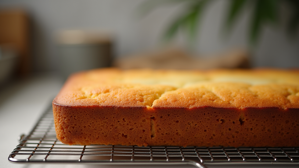 Eye-level view of a golden pound cake cooling on a wire rack