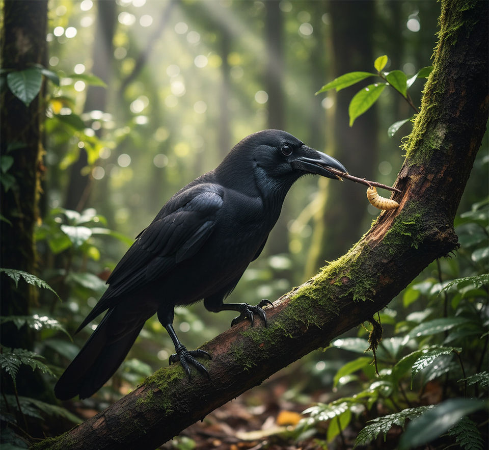 Un corbeau a un bâton dans son bec