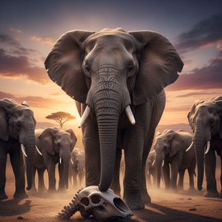 Un éléphant est face à un crâne d'un de ses congénères