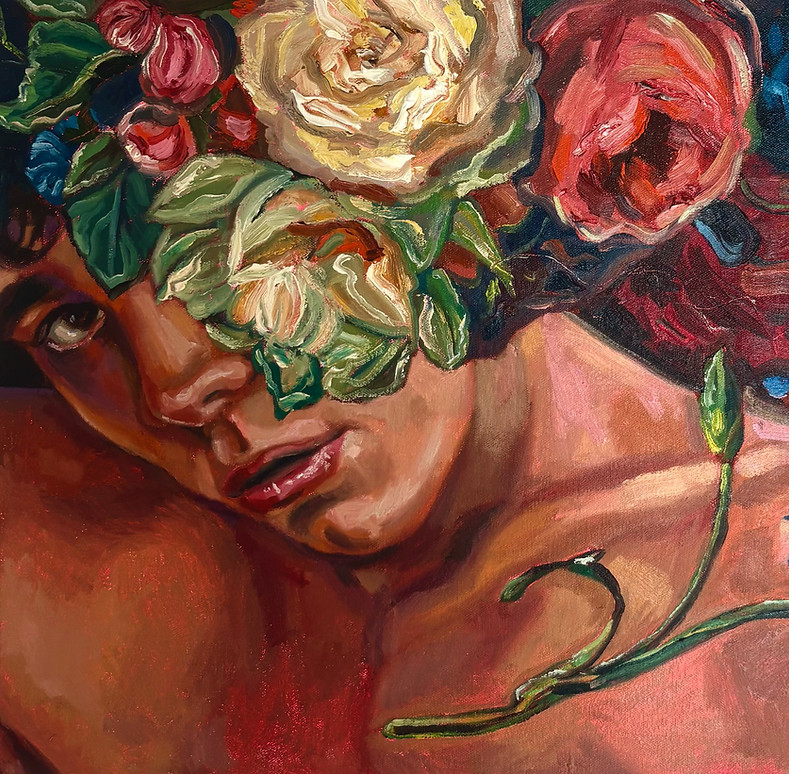 Painting of a person with flowers by Jacob Grant.