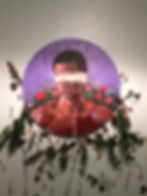 Blindfolded man portrait in an art portfolio display.