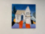 Painting of a white house that watches back with blue sky.