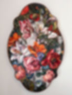 Painting of a face hidden behind colorful flowers in a portfolio.