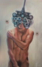 Surreal painting of a man with a phoropter for a head.