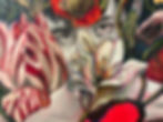 Painting of a face peering through vibrant lilies in a portfolio.