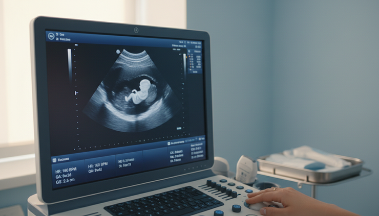 Close-up view of an ultrasound monitor in a gentle clinical setting