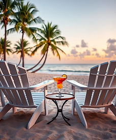 White beach chairs ocean vista sandy beach palm trees side table with a colorful drink in 