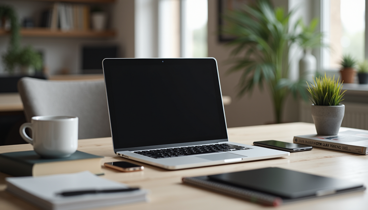 Eye-level view of a modern workspace with a laptop and learning materials