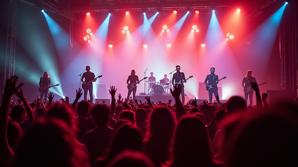Wide angle view of a vibrant music festival showcasing diverse artists