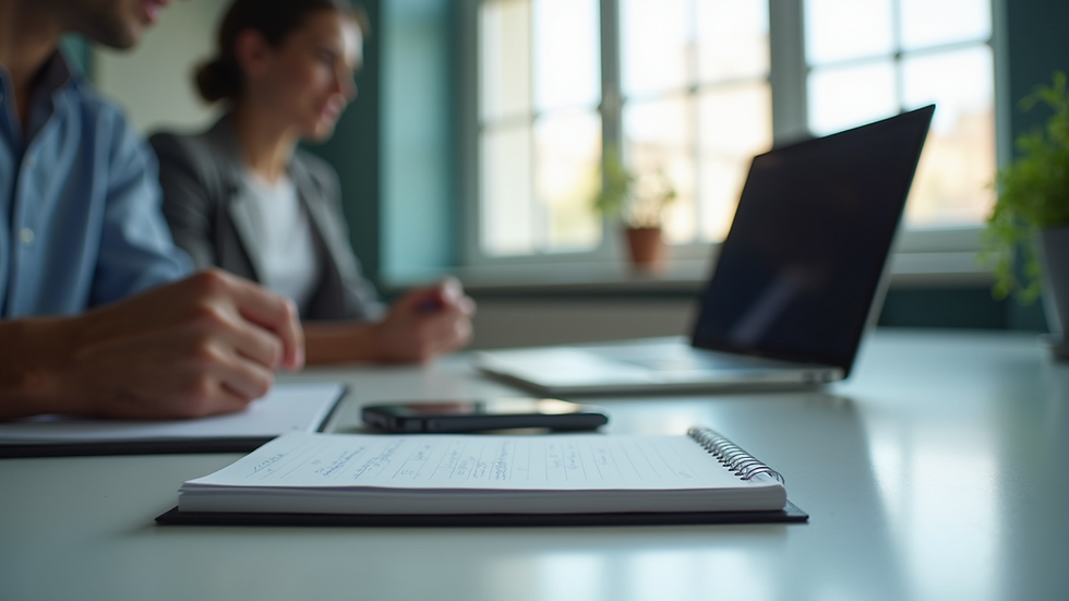 Eye-level view of a modern office workspace with a laptop and notes