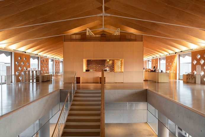 Exterior view of Suiden Terrasse hotel at the edge of active rice paddies, Tsuruoka Japan — photographed by James Reed, Arch
