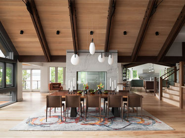 James Reed Open dining room with wood beam ceiling and pendant lights in a lakehouse on Lake Sunapee, New Hampshire.Photography -Architecture Photography + Design Photography- New Hampshire, Maine, Massachusetts, Boston, New England, Vermont, New York, Connecticut