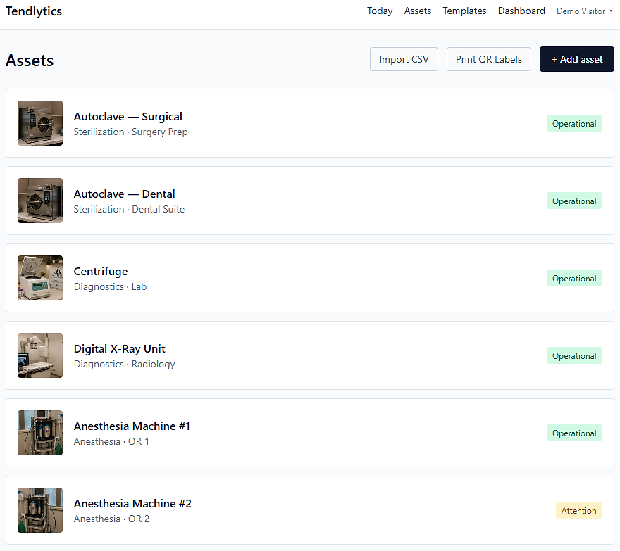 Equipment maintenance management software screen, assets listed.