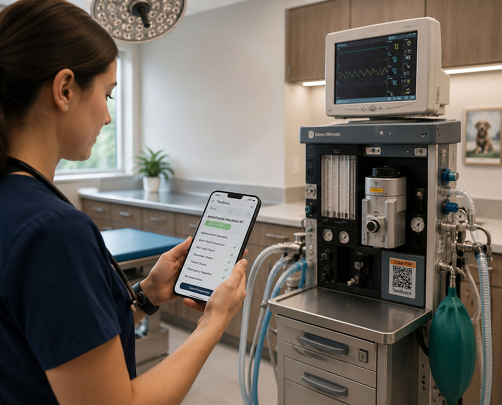 Veterinary tech using equipment maintenance management software.