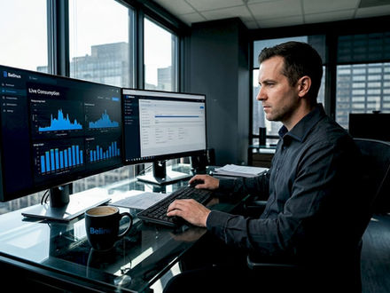 Facility manager reviewing energy automation dashboard