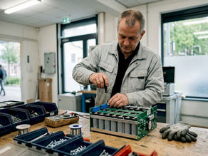 Dans l’atelier, un technicien procède à l’assemblage d’un module de supercondensateur.