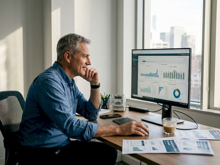 Office worker reviews energy dashboard at desk