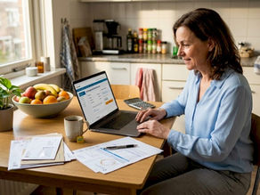Een vrouw staat in de keuken haar energierekening aandachtig door te nemen.