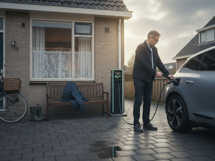 Man laadt zijn elektrische auto thuis op aan de laadpaal.