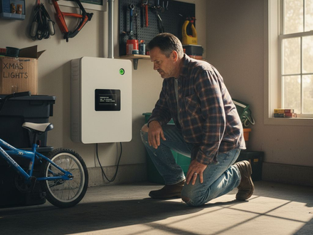 Homeowner reviewing battery storage display in garage