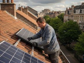 Installer working on rooftop solar panels