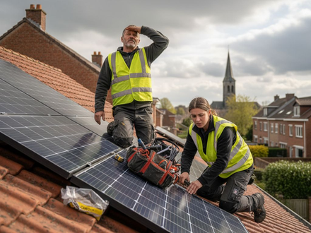En Belgique, des techniciens procèdent à la vérification des panneaux solaires installés sur les toits.