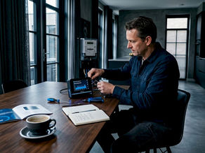 Man is bezig met het installeren van slimme apparatuur om zijn energieverbruik in huis automatisch te regelen.