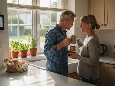 Couple checking home energy monitor in kitchen