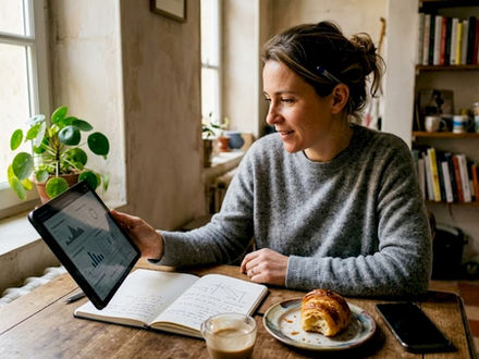 Une femme consulte les données de sa production solaire, assise à la table de sa cuisine.