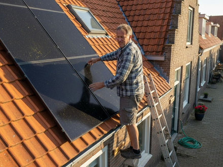 Een woningeigenaar inspecteert de zonnepanelen op het dak.
