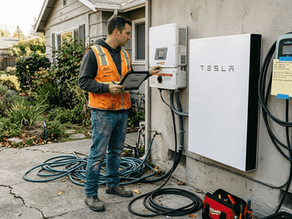 Technician inspecting solar, battery and EV charger setup