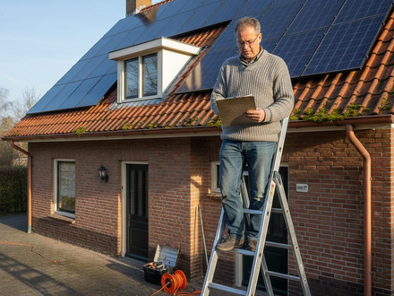 Een huiseigenaar bekijkt de zonnepanelen op het dak om te controleren of alles nog goed werkt.