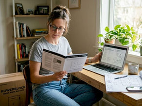 Woman comparing battery manual at desk