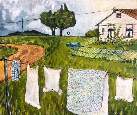Painting of laundry hanging on a line in a rural yard.